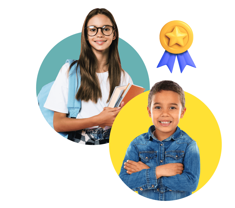 A girl with books a badge and a boy wearing a jeans shirt